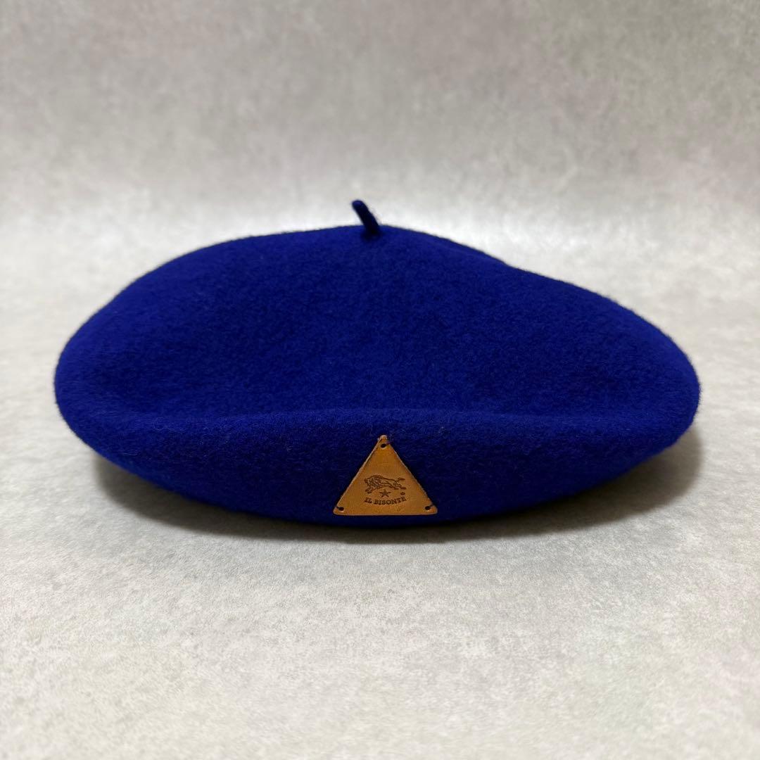 Beautiful Condition IL BISONTE Beret Hat with Leather Patch - Blue